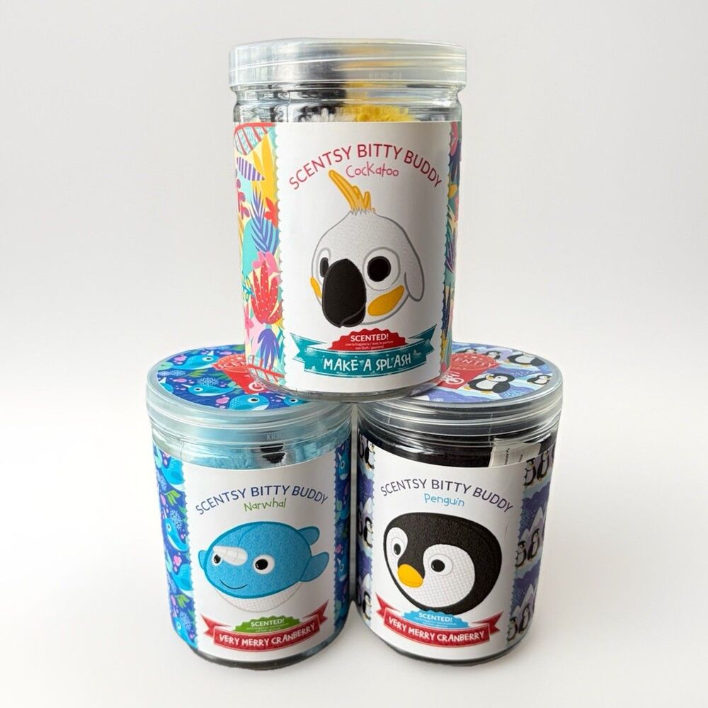 Lot of 3 Scentsy Bitty Buddy Scented Plush Cockatoo Narwhal Penguin NIB Retired